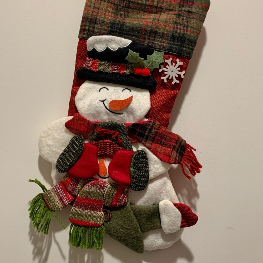 Snowman and snowchild Christmas stocking regular size red, green and white color